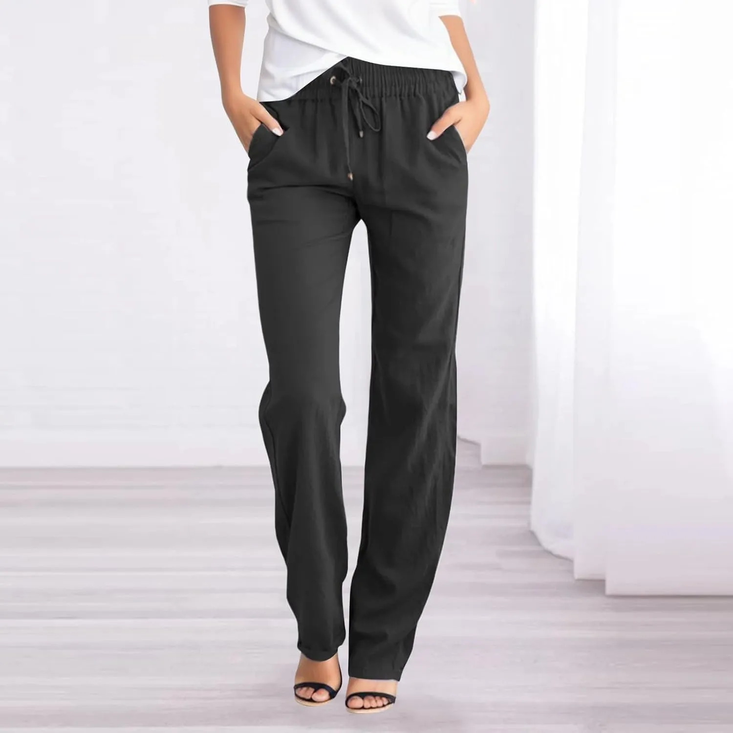 Women Linen Summer Drawstring Pants High Waist Wide Leg Slim Fit Trouser Trendy