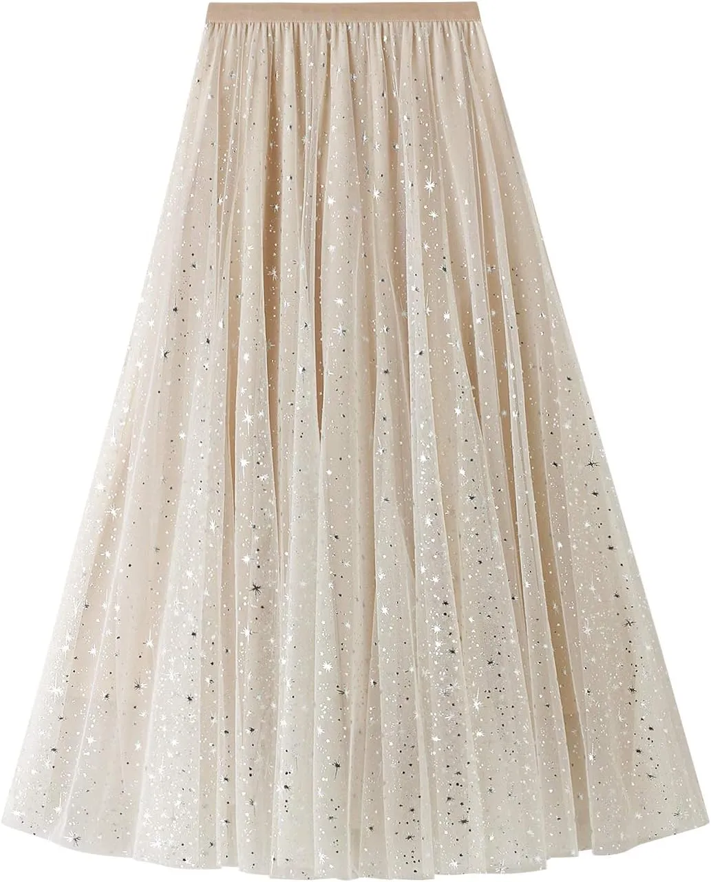 Women Mesh Tutu Maxi Skirts Sequin Glitter Layered Elastic High Waist A-Line Swing Skirts Y2k Party Streetwear