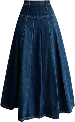 Women Solid Pleated Jeans Skirt High Waist Zipper A-Line Straight Loose Denim Midi Skirts