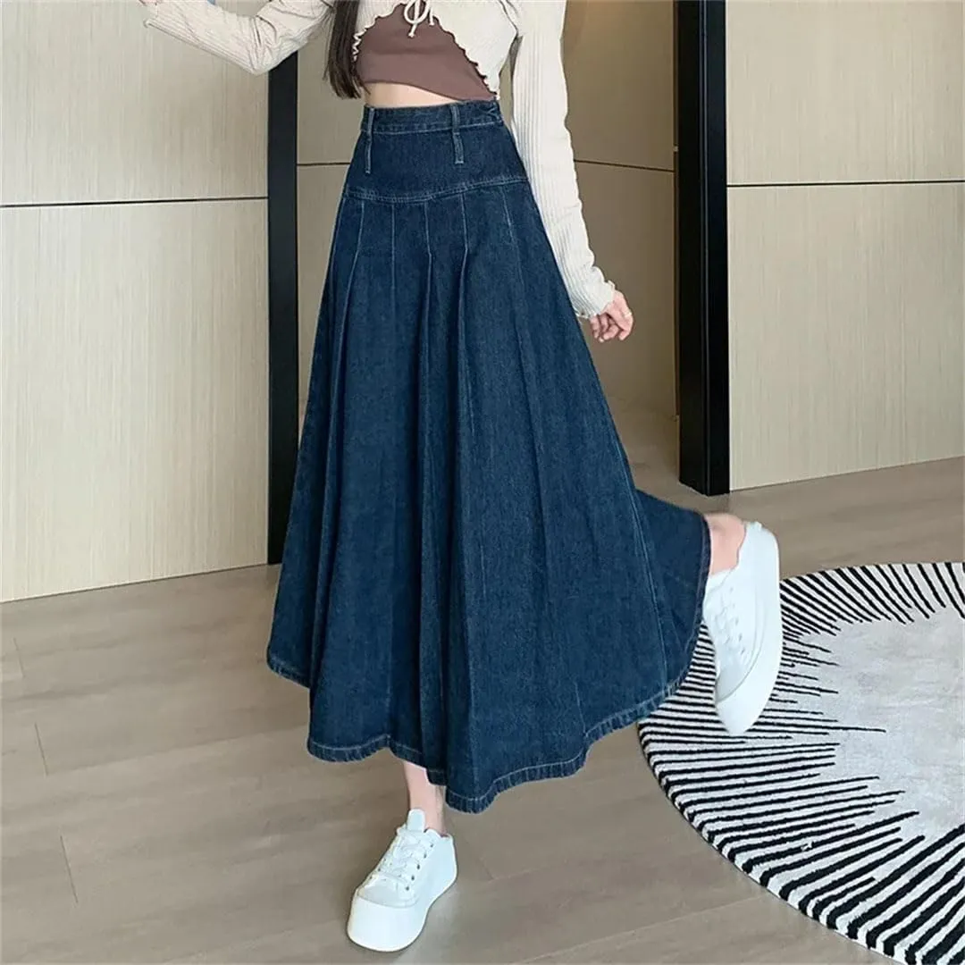 Women Solid Pleated Jeans Skirt High Waist Zipper A-Line Straight Loose Denim Midi Skirts