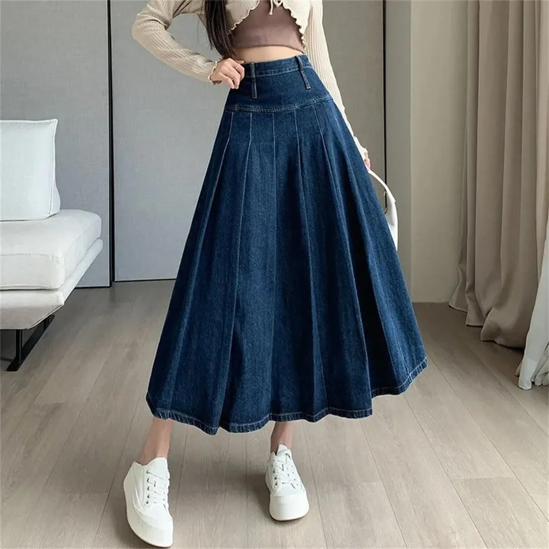 Women Solid Pleated Jeans Skirt High Waist Zipper A-Line Straight Loose Denim Midi Skirts