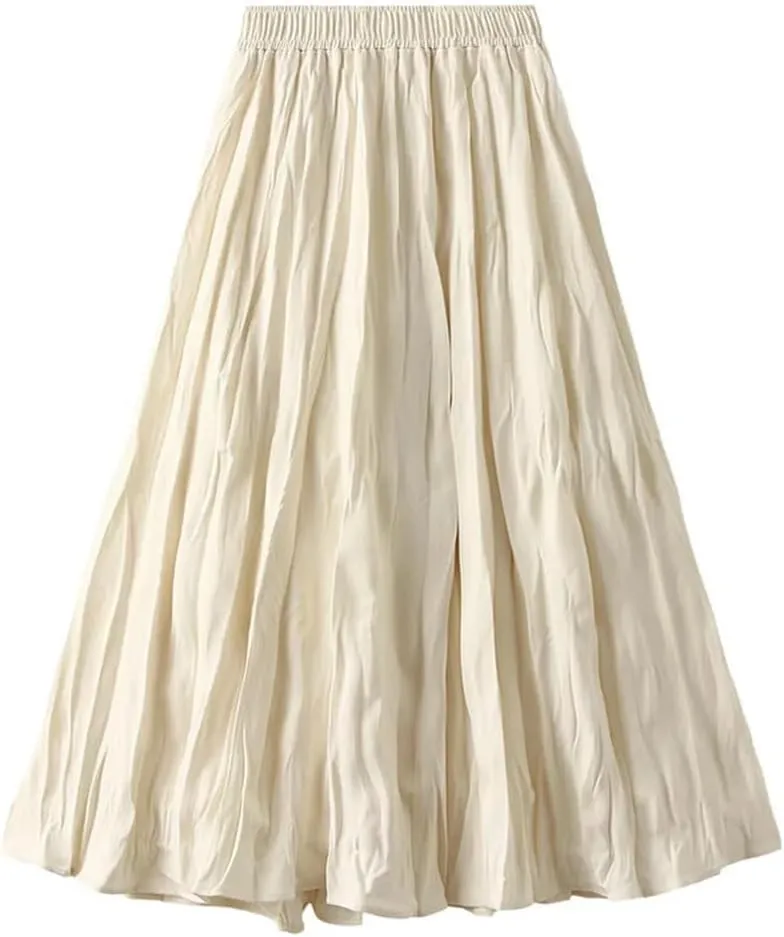 Women Spring Summer Casual High Waist A-Line Long Skirts Solid Color Pleated Midi Skirt