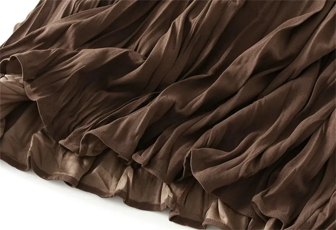Women Spring Summer Casual High Waist A-Line Long Skirts Solid Color Pleated Midi Skirt