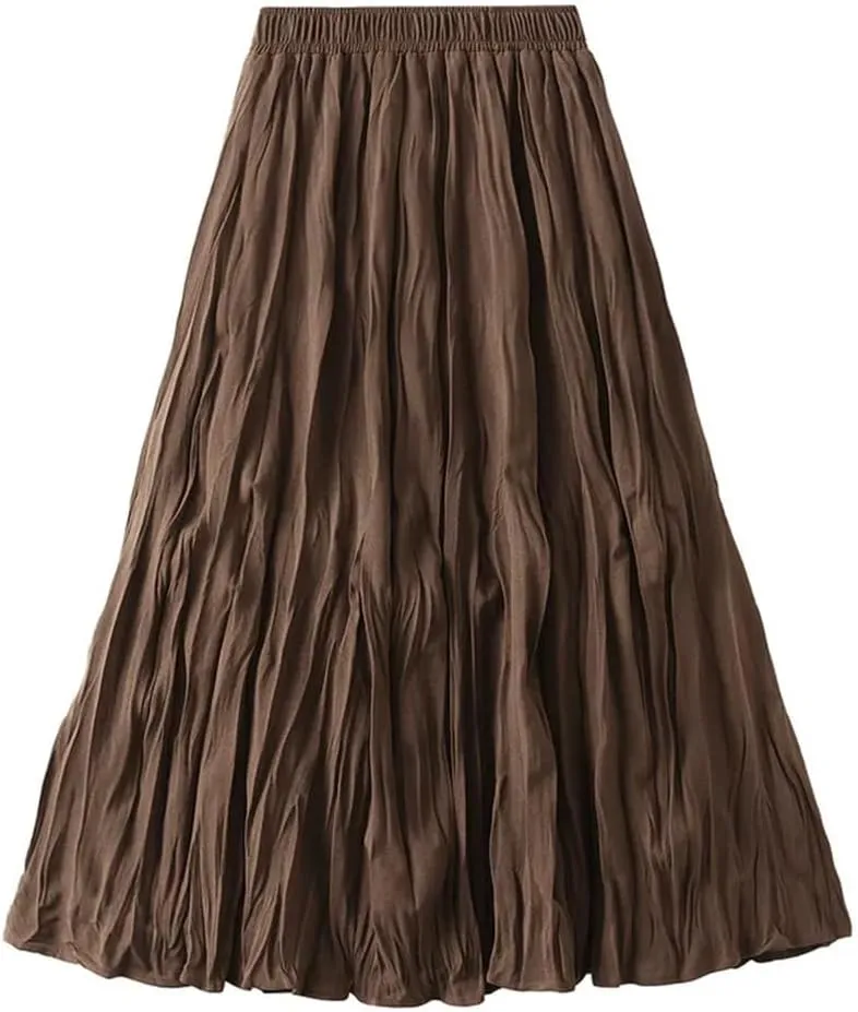 Women Spring Summer Casual High Waist A-Line Long Skirts Solid Color Pleated Midi Skirt