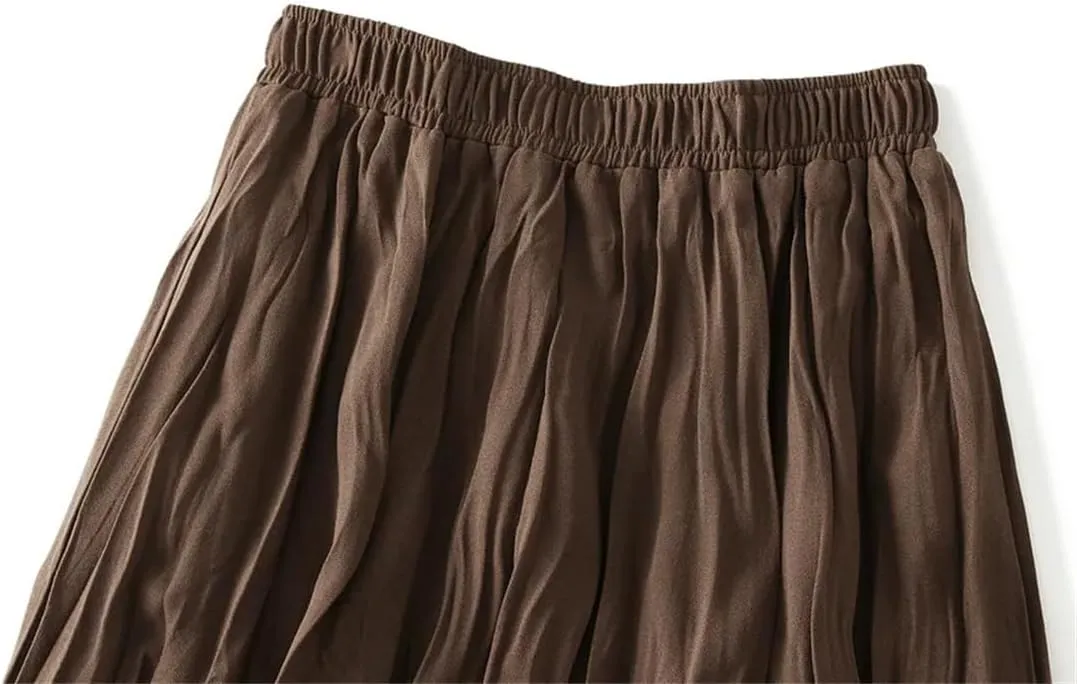 Women Spring Summer Casual High Waist A-Line Long Skirts Solid Color Pleated Midi Skirt