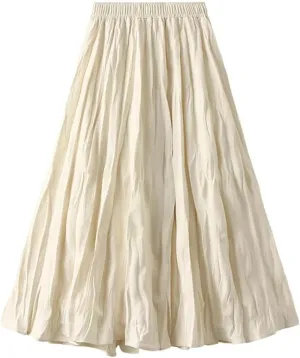 Women Spring Summer Casual High Waist A-Line Long Skirts Solid Color Pleated Midi Skirt