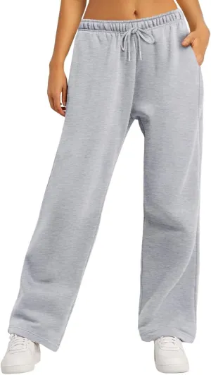 Women Straight Wide Leg Sweatpants Casual Baggy Lined Pants Drawstring High Waist Cargo Jogger Trousers
