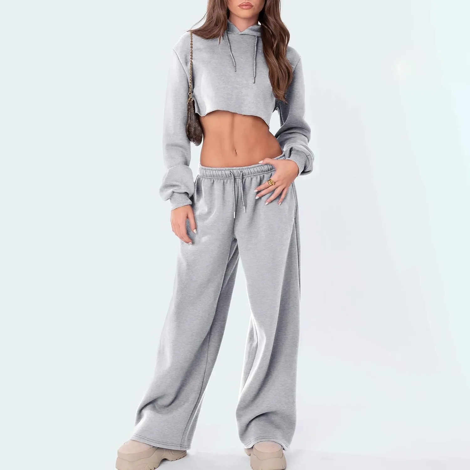 Women Straight Wide Leg Sweatpants Casual Baggy Lined Pants Drawstring High Waist Cargo Jogger Trousers