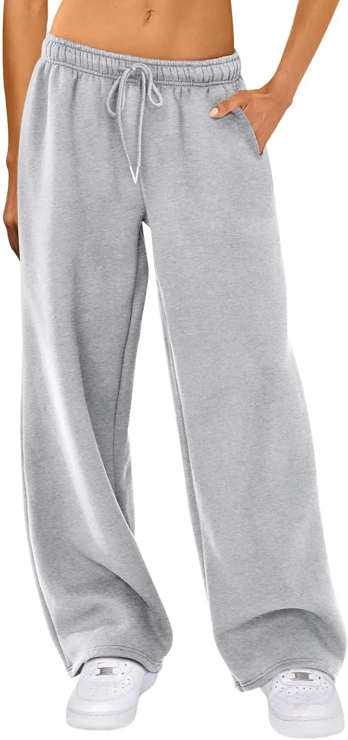 Women Straight Wide Leg Sweatpants Casual Baggy Lined Pants Drawstring High Waist Cargo Jogger Trousers