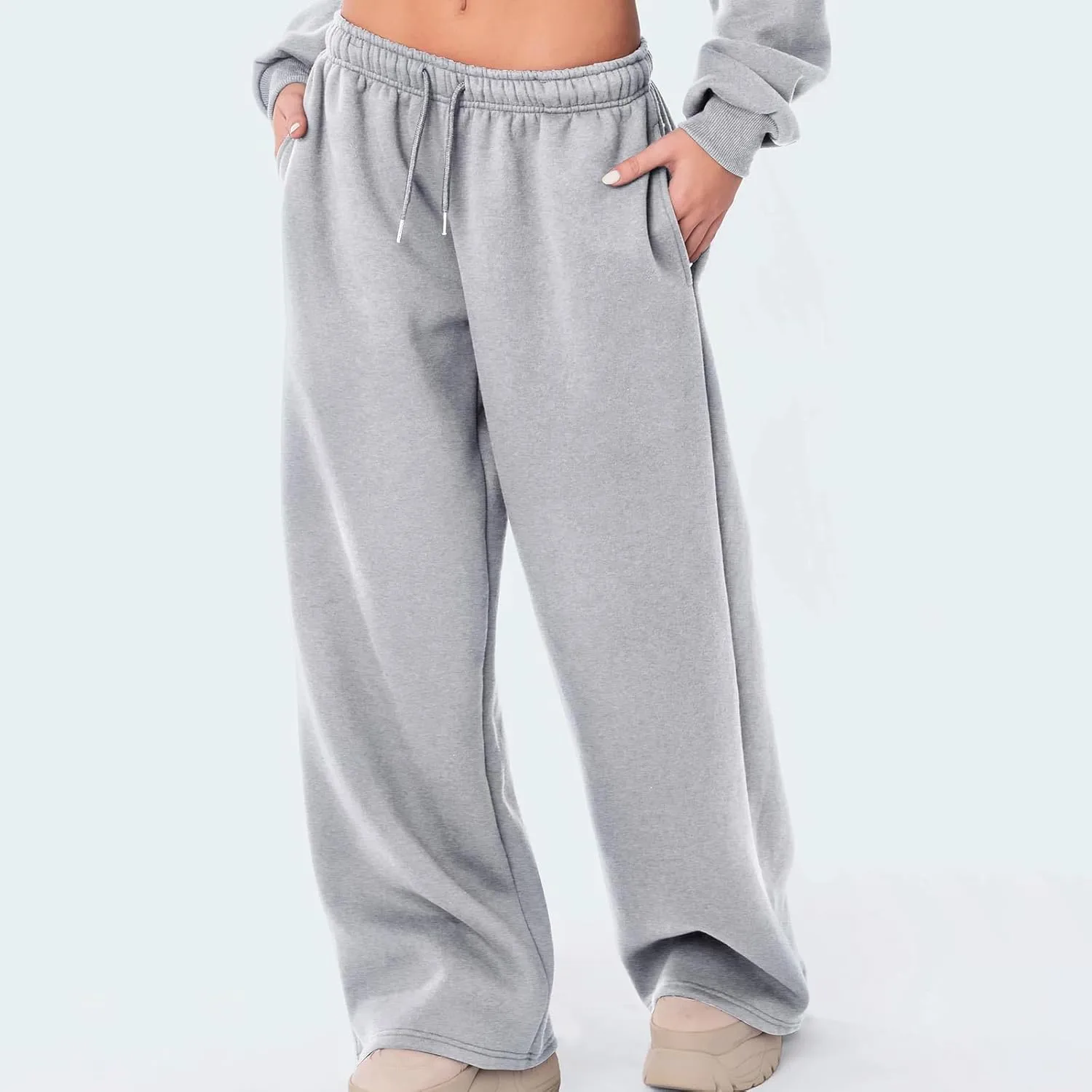 Women Straight Wide Leg Sweatpants Casual Baggy Lined Pants Drawstring High Waist Cargo Jogger Trousers