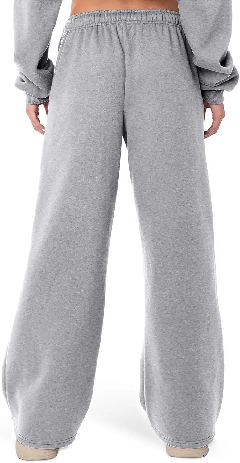 Women Straight Wide Leg Sweatpants Casual Baggy Lined Pants Drawstring High Waist Cargo Jogger Trousers