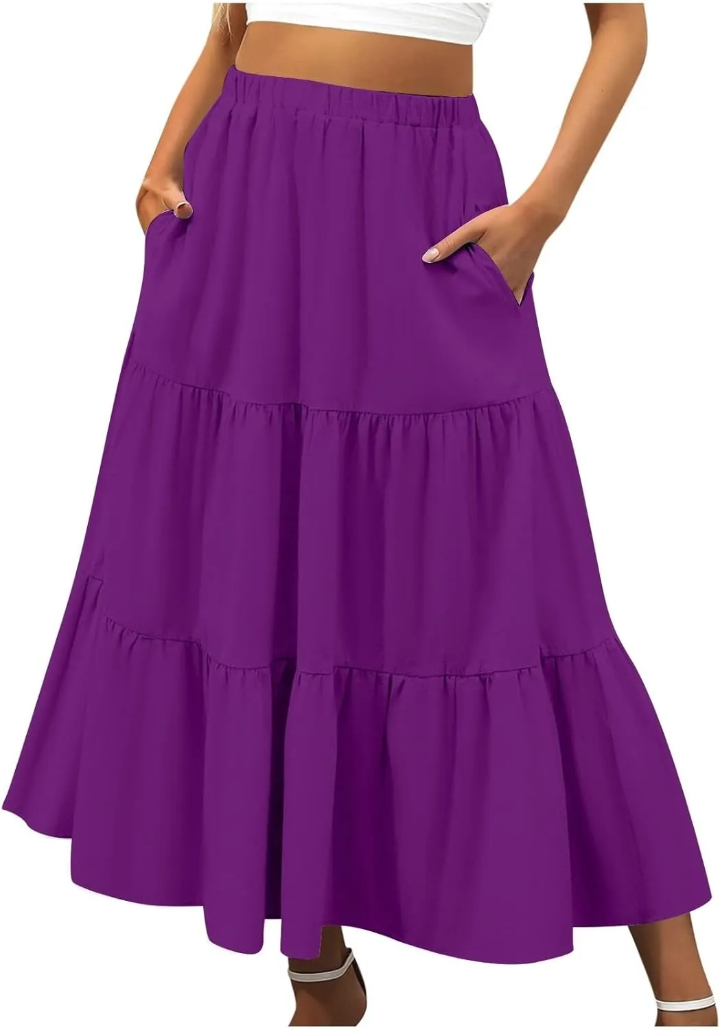 Women Summer Boho Flowy Swing Tiered A-Line Midi Skirt 2025 Fashion Elastic Waist Pleated Long Beach Dress with Pocket