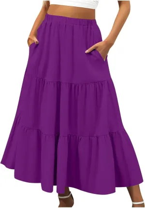 Women Summer Boho Flowy Swing Tiered A-Line Midi Skirt 2025 Fashion Elastic Waist Pleated Long Beach Dress with Pocket