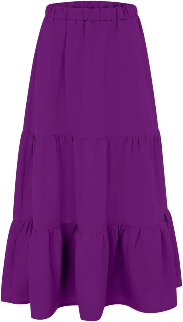 Women Summer Boho Flowy Swing Tiered A-Line Midi Skirt 2025 Fashion Elastic Waist Pleated Long Beach Dress with Pocket