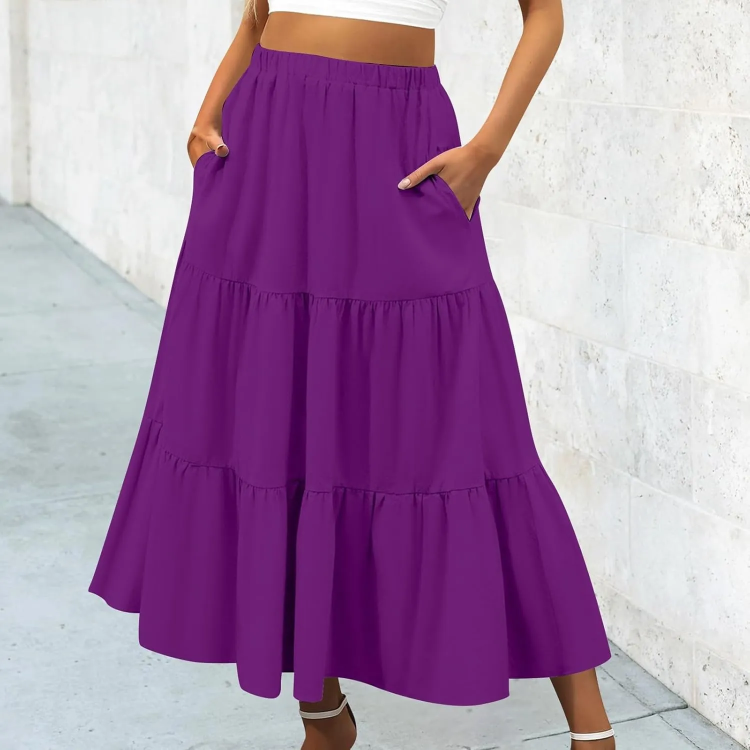 Women Summer Boho Flowy Swing Tiered A-Line Midi Skirt 2025 Fashion Elastic Waist Pleated Long Beach Dress with Pocket
