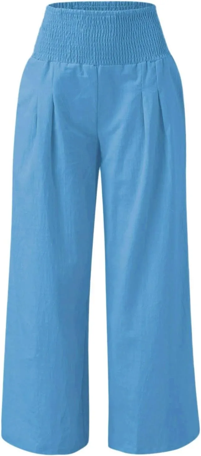 Women Summer High Waist Cotton Linen Palazzo Pants Wide Leg Long Lounge Pants with Pockets Boho Beach Flowy Trousers
