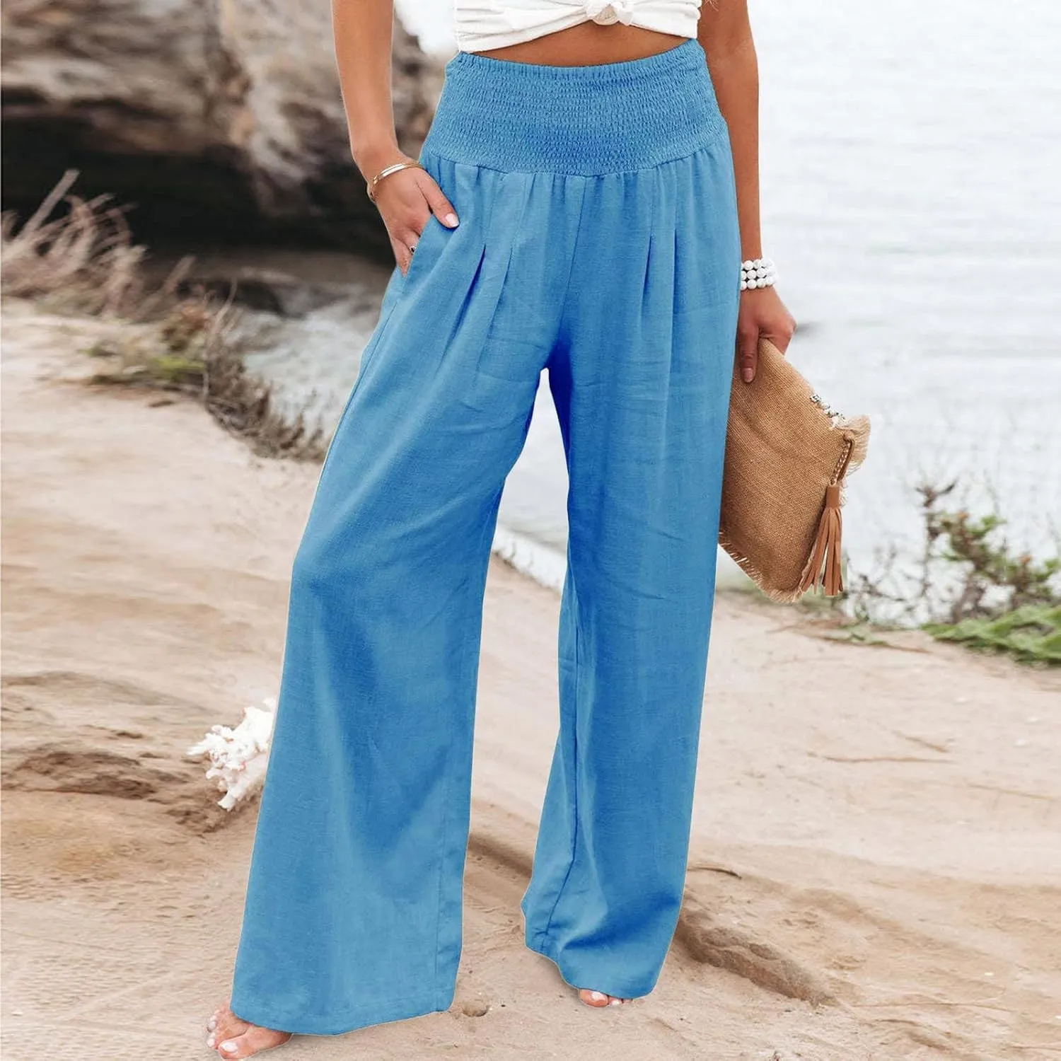 Women Summer High Waist Cotton Linen Palazzo Pants Wide Leg Long Lounge Pants with Pockets Boho Beach Flowy Trousers