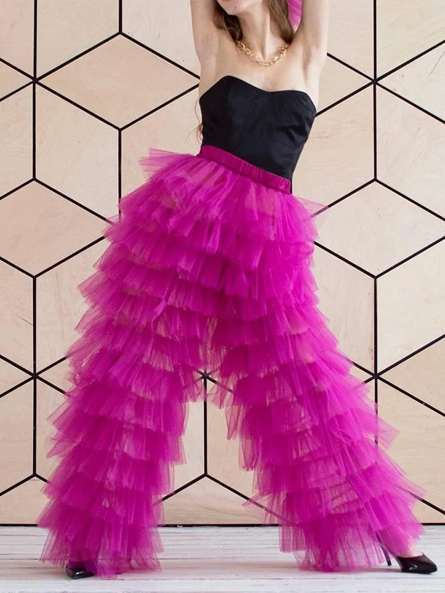 Women Tulle Pants Y2k Multi Layered Long Pants Ruffle Tiered High Waist Wide Leg Trousers Party Dress Up
