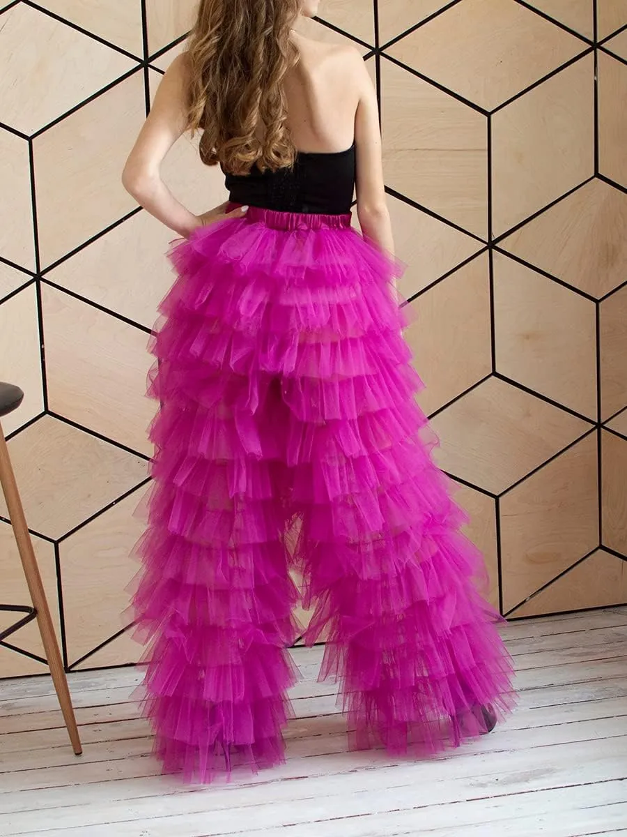 Women Tulle Pants Y2k Multi Layered Long Pants Ruffle Tiered High Waist Wide Leg Trousers Party Dress Up