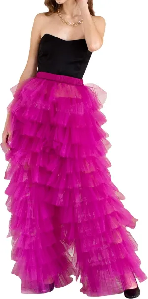 Women Tulle Pants Y2k Multi Layered Long Pants Ruffle Tiered High Waist Wide Leg Trousers Party Dress Up