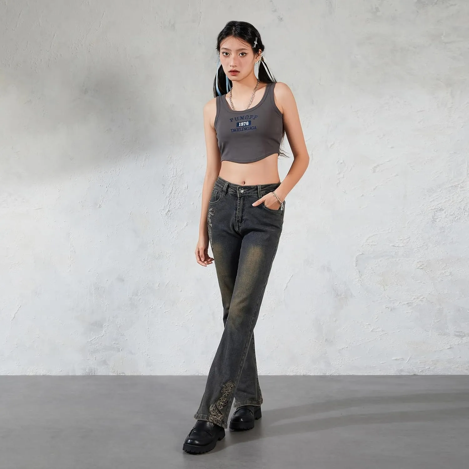 Women Y2K Baggy Jeans Star Print High Waist Wide Leg Denim Pants Vintage 90s Straight Leg Distressed Grunge Trousers