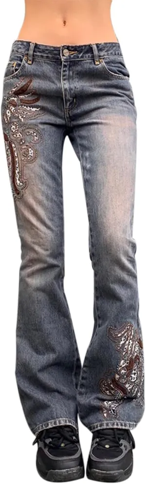 Women Y2K Baggy Jeans Star Print High Waist Wide Leg Denim Pants Vintage 90s Straight Leg Distressed Grunge Trousers