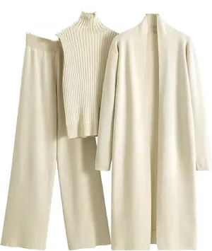 Women's 3 Piece Knit Lounge Set Long Sleeve Cardigan Sleeveless Turtleneck Tank Top and Wide Leg Pants Matching Sets