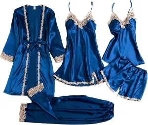 Womens 5pcs Pajamas Sets Silk Satin Sleepwear Sexy Lace Trim With Robe Pj Pants Set Loungewear Long Pant & Shorts