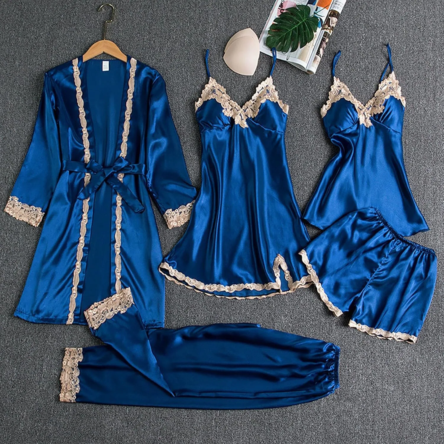 Womens 5pcs Pajamas Sets Silk Satin Sleepwear Sexy Lace Trim With Robe Pj Pants Set Loungewear Long Pant & Shorts