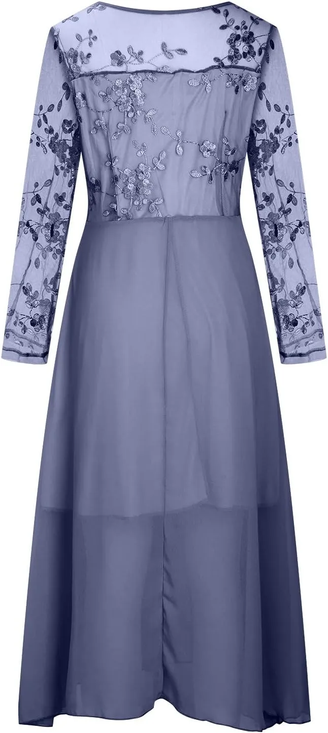 Women's A Line Chiffon Lace Mother of The Bride Dress Long Formal Evening Gown with Long Sleeves Graduation Prom Dress