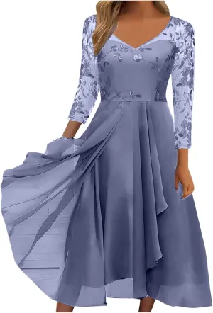 Women's A Line Chiffon Lace Mother of The Bride Dress Long Formal Evening Gown with Long Sleeves Graduation Prom Dress