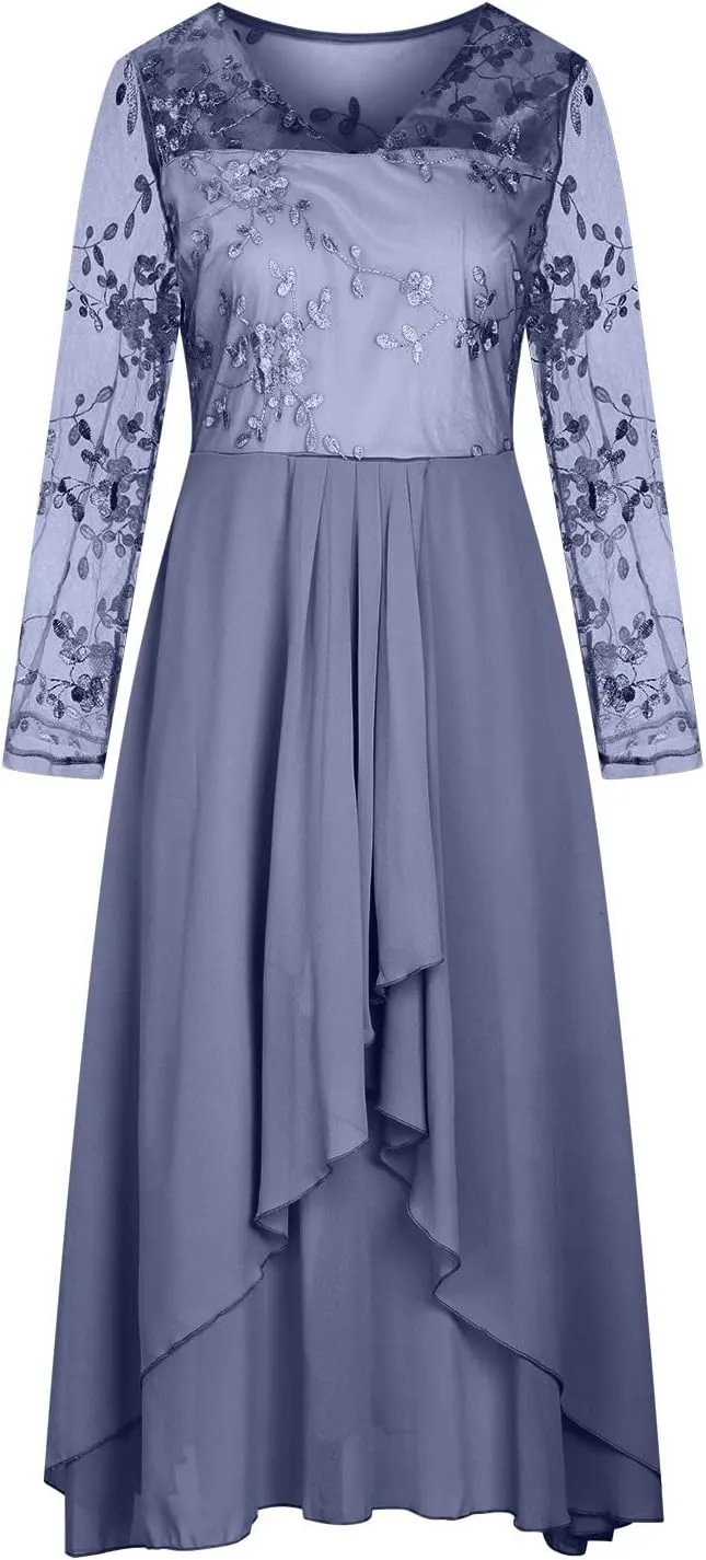 Women's A Line Chiffon Lace Mother of The Bride Dress Long Formal Evening Gown with Long Sleeves Graduation Prom Dress