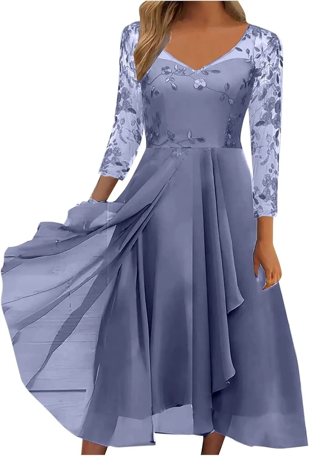 Women's A Line Chiffon Lace Mother of The Bride Dress Long Formal Evening Gown with Long Sleeves Graduation Prom Dress