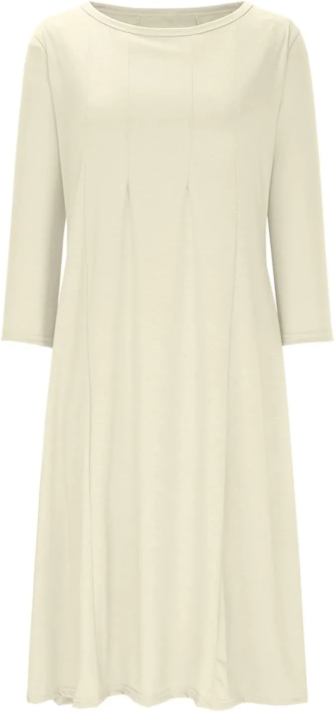 Womens A-line Midi Long Dress Trendy 3/4 Sleeve Plus Size Casual Spring Fall Dresses Crew Neck Shirt Long Tunic Dress