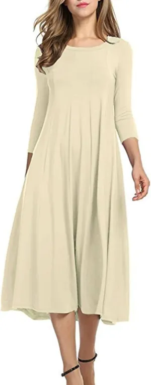 Womens A-line Midi Long Dress Trendy 3/4 Sleeve Plus Size Casual Spring Fall Dresses Crew Neck Shirt Long Tunic Dress