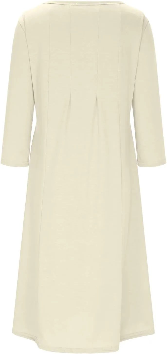 Womens A-line Midi Long Dress Trendy 3/4 Sleeve Plus Size Casual Spring Fall Dresses Crew Neck Shirt Long Tunic Dress