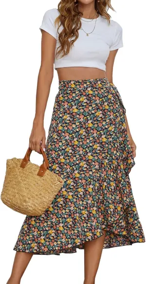 Womens A Line Pleated Beach Midi Skirts Summer Floral Ruffle Tie Waist Cute Skirts