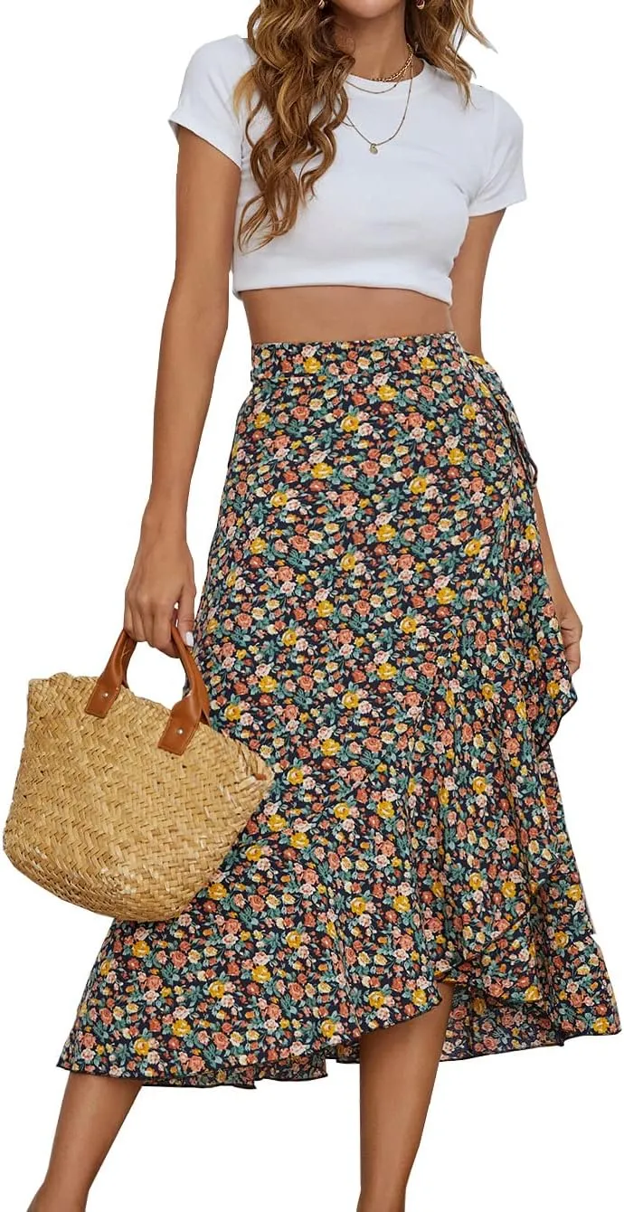 Womens A Line Pleated Beach Midi Skirts Summer Floral Ruffle Tie Waist Cute Skirts