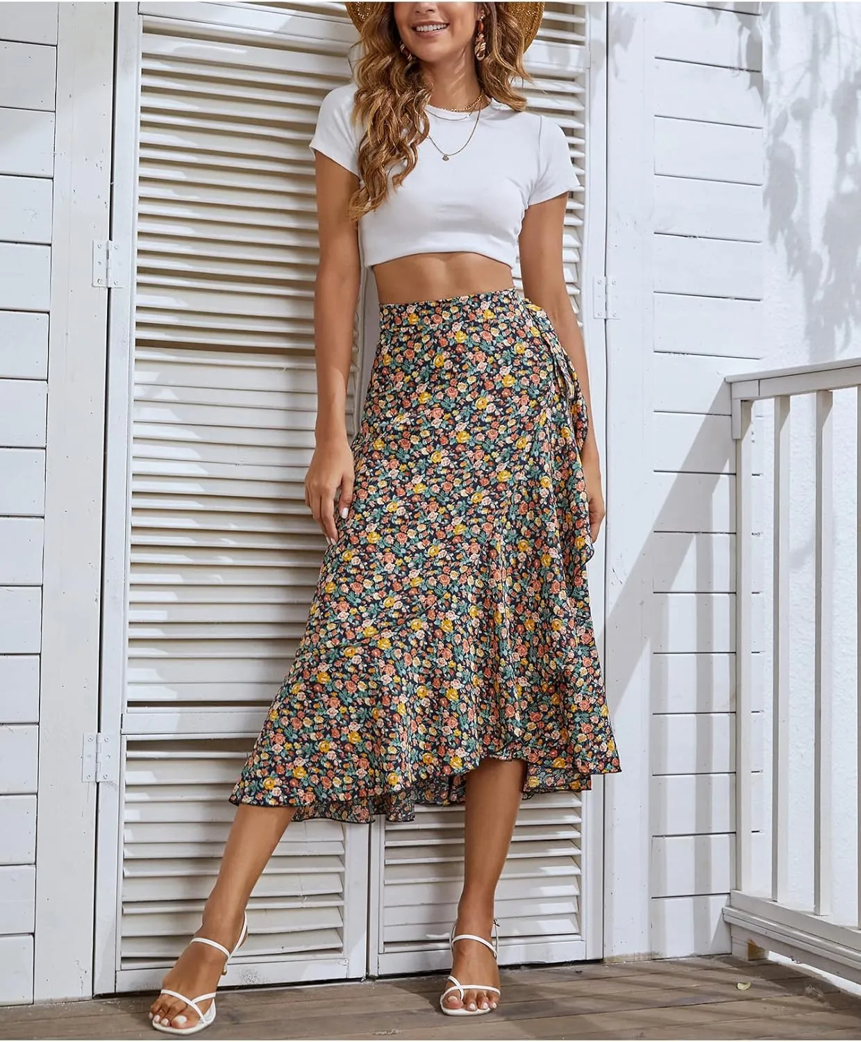 Womens A Line Pleated Beach Midi Skirts Summer Floral Ruffle Tie Waist Cute Skirts