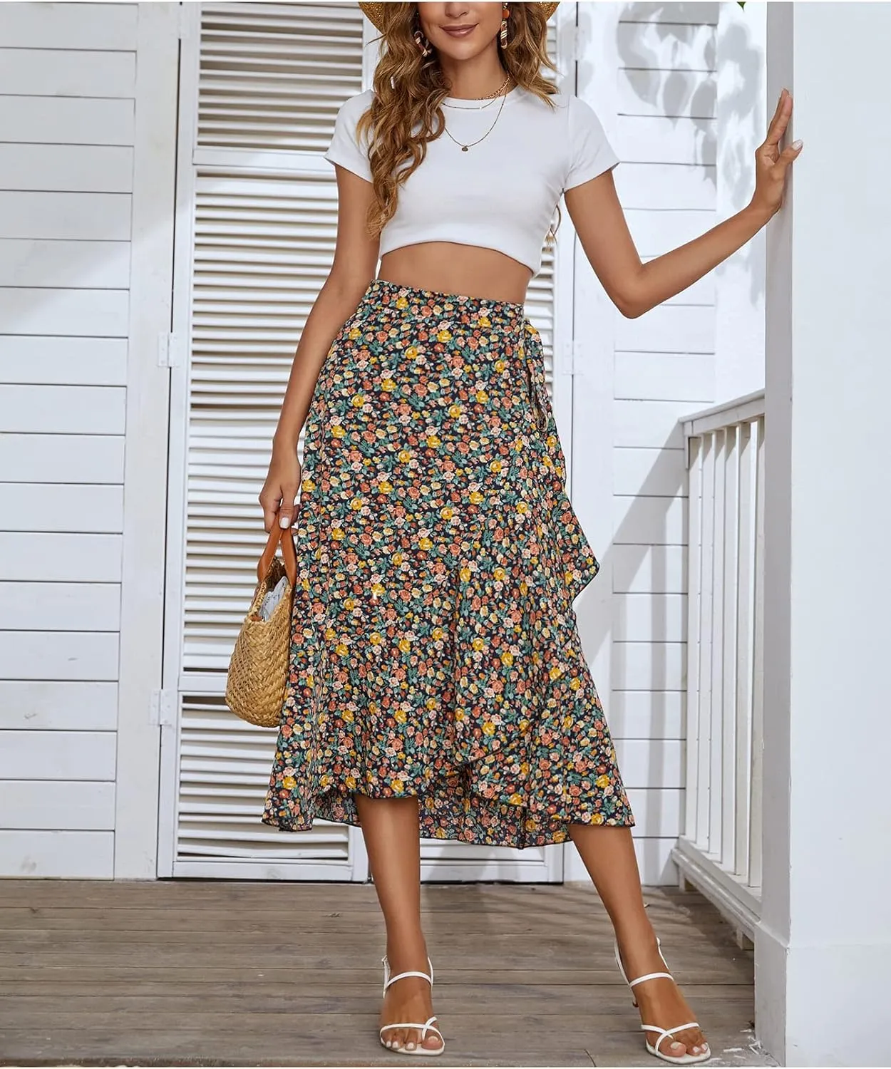 Womens A Line Pleated Beach Midi Skirts Summer Floral Ruffle Tie Waist Cute Skirts