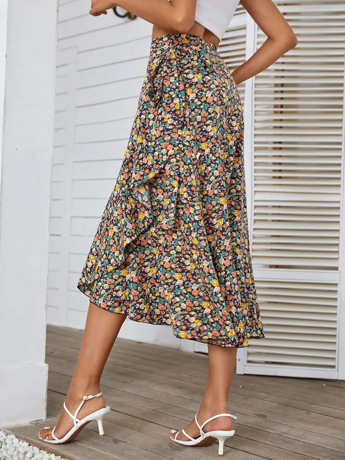 Womens A Line Pleated Beach Midi Skirts Summer Floral Ruffle Tie Waist Cute Skirts
