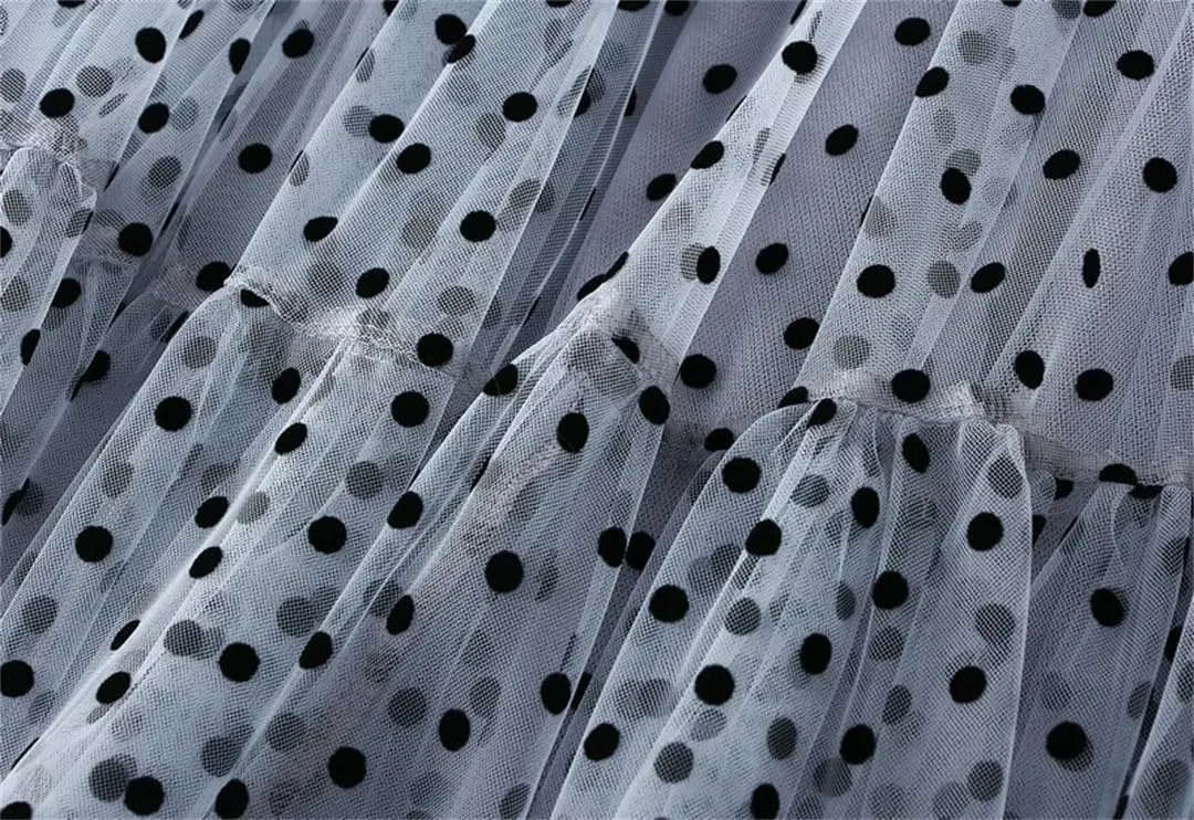 Women's A-Line Pleated Skirt Spring Summer Polka Dot Mesh Skirt Fluffy Skirt