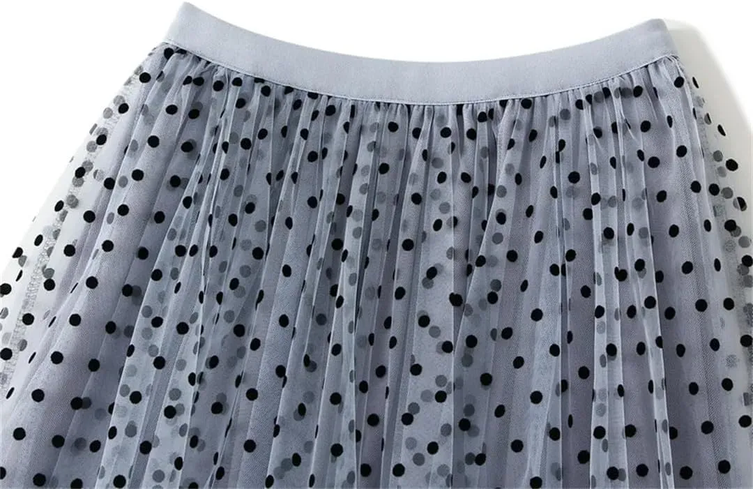Women's A-Line Pleated Skirt Spring Summer Polka Dot Mesh Skirt Fluffy Skirt