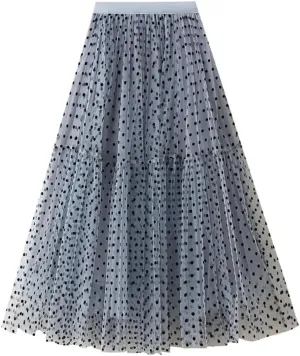 Women's A-Line Pleated Skirt Spring Summer Polka Dot Mesh Skirt Fluffy Skirt
