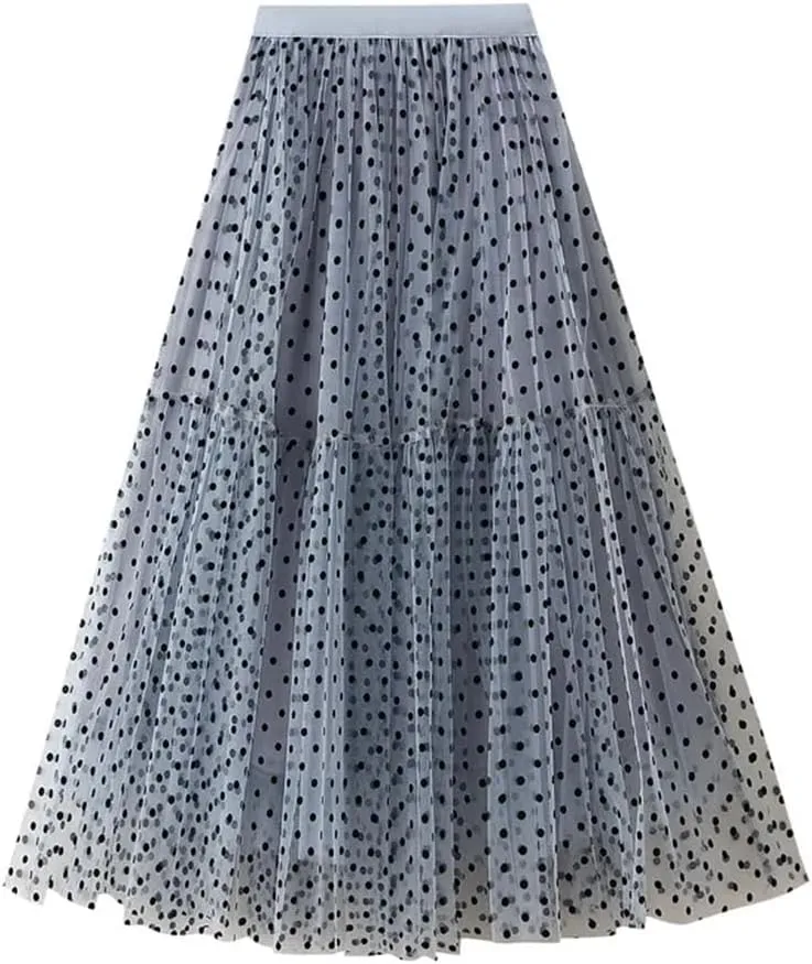 Women's A-Line Pleated Skirt Spring Summer Polka Dot Mesh Skirt Fluffy Skirt