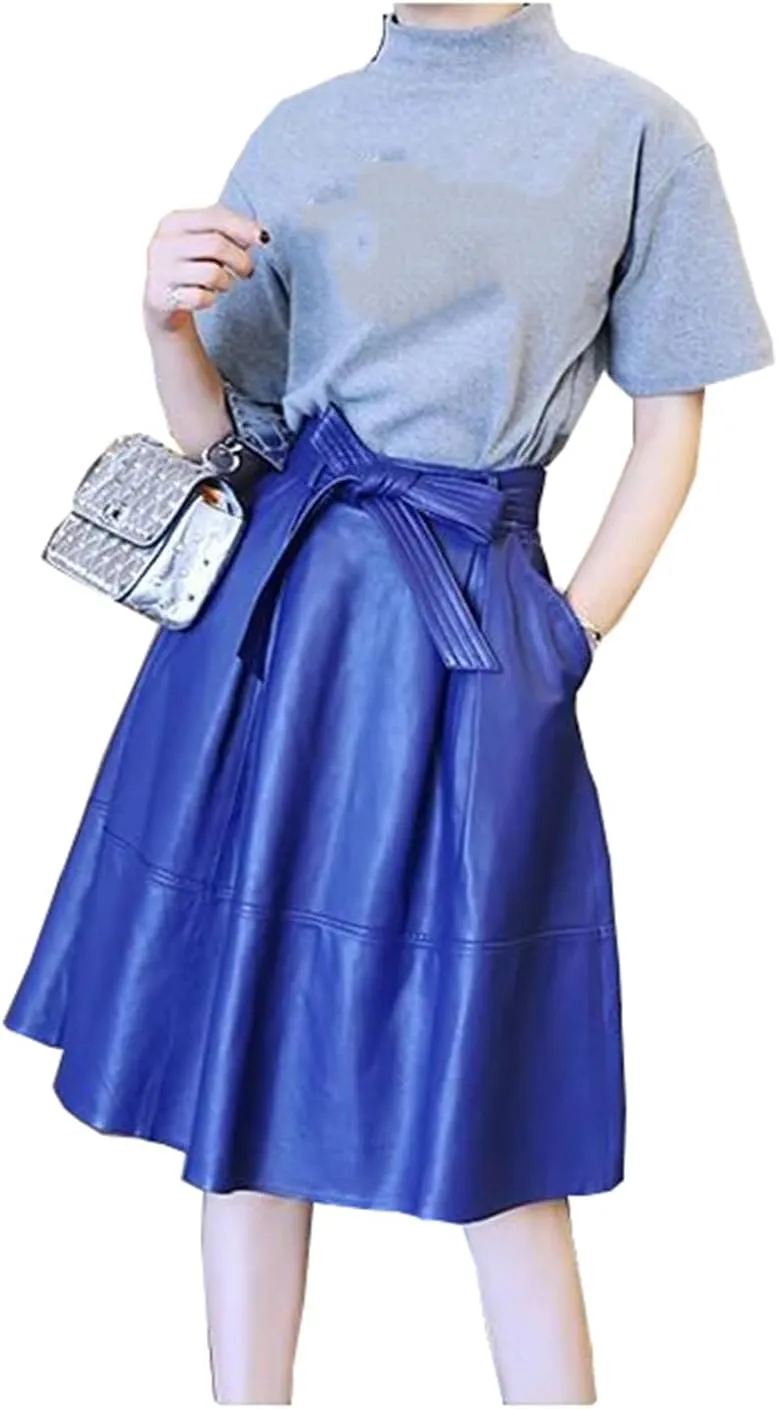 Womens Autumn Winter Leather Midi Skirt Loose High Waist Bow Belt Retro Red Pleated A-Line Skirt