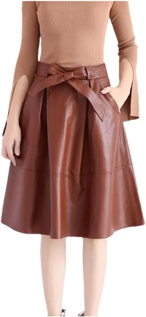 Womens Autumn Winter Leather Midi Skirt Loose High Waist Bow Belt Retro Red Pleated A-Line Skirt