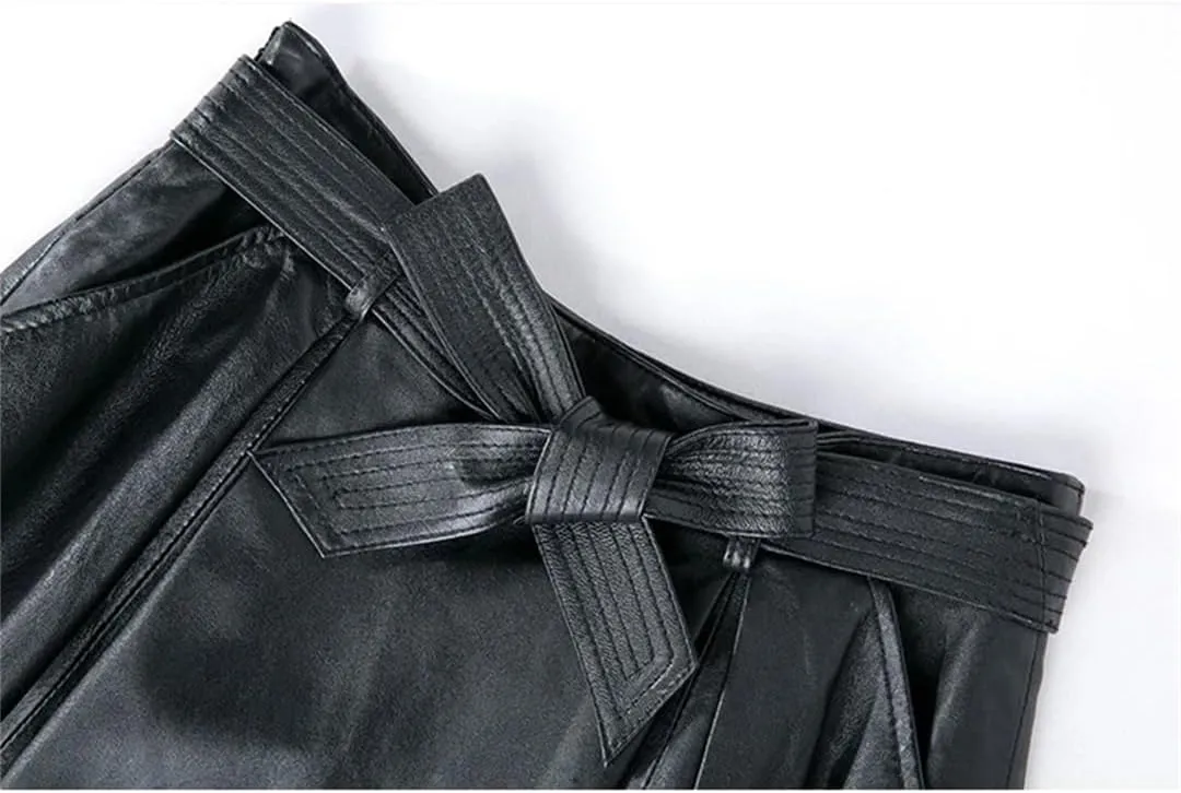 Womens Autumn Winter Leather Midi Skirt Loose High Waist Bow Belt Retro Red Pleated A-Line Skirt