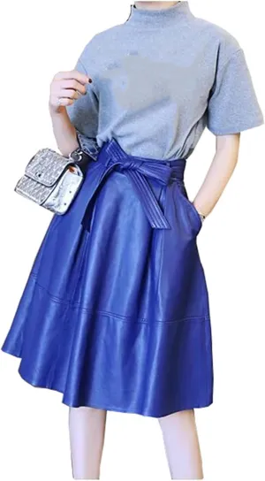 Womens Autumn Winter Leather Midi Skirt Loose High Waist Bow Belt Retro Red Pleated A-Line Skirt