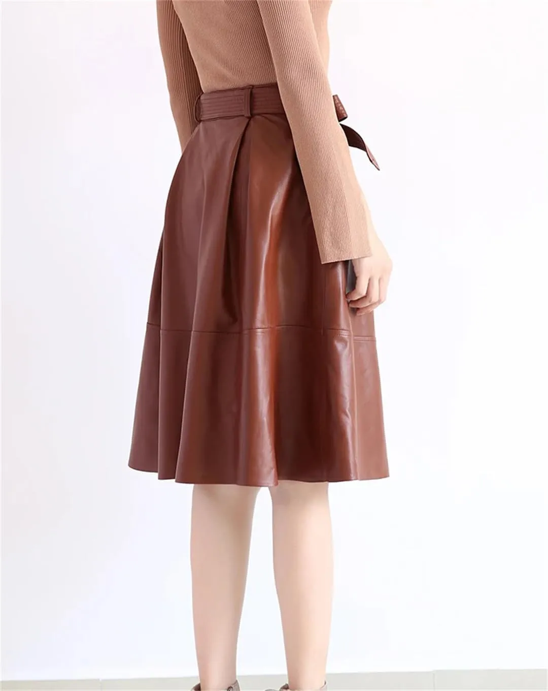 Womens Autumn Winter Leather Midi Skirt Loose High Waist Bow Belt Retro Red Pleated A-Line Skirt
